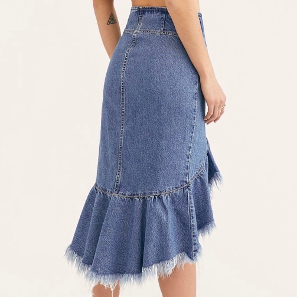 Free People Raw Denim Midi Skirt